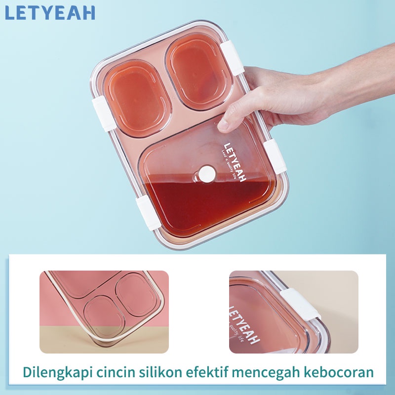 letyeah Kotak Makan 3 grid /tempat bekal makan anti tumpah dan sendok