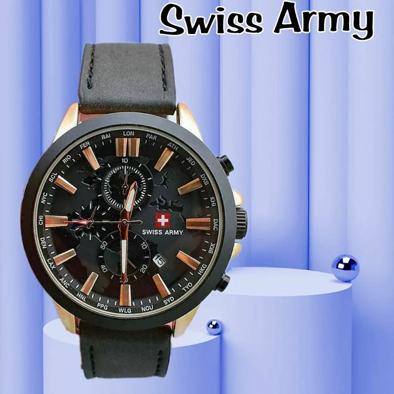 Jam S'WlSSA'rmy Pria tali kulit  - chrono aktif + free gelang ( model random)