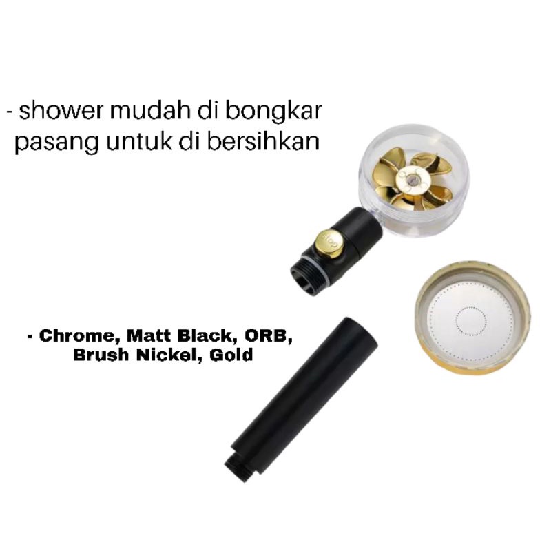 Turbo Fan Hitam Gold Shower Head Water Saving High-Pressure Rainfall Propeller ABS Jet Shower Head 360 Rotation Toilet Bathroom Accessories