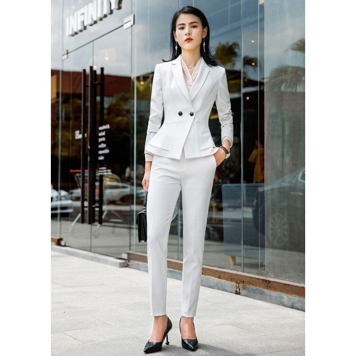 CELANA KERJA KANTOR SLIMFIT WANITA PINGGANG KANCING PUTIH