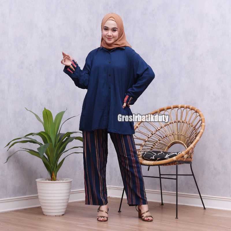 JUMBO SKODER SET CELANA DAN KEMEJA SHIBORI PAJAMAS TIE DYE TERBARU BAJU TIDUR PIYAMA KEKINIAN-Skoder lidi navy