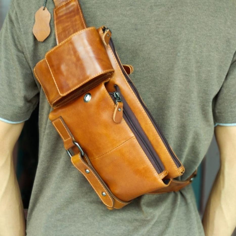 Promo Special Tas Selempang Kulit Waist Bag Pria Laki Cowok Asli Kulit Sapi Premium Dengan Motif Bua