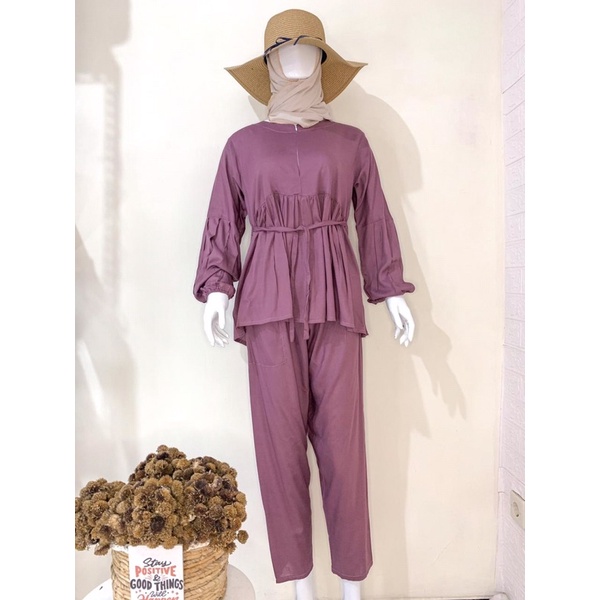 oneset pajamas muslim babydoll lengan panjang celana panjang rayon busui setelan homeweare