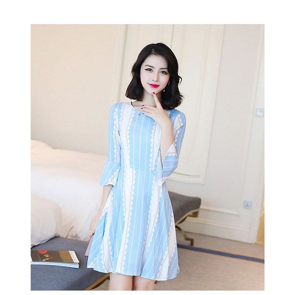 Party Dress Formal Import Gaya Korea Biru Muda Bahan Katun Premium 33229