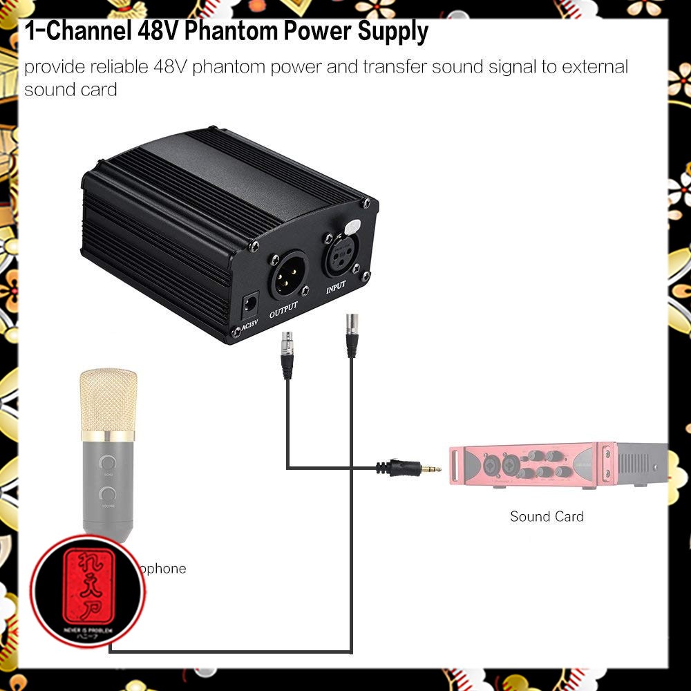 Phantom Power Microphone 1 Channel 48V Supply for Condenser Microphone - RU-P48V - Black