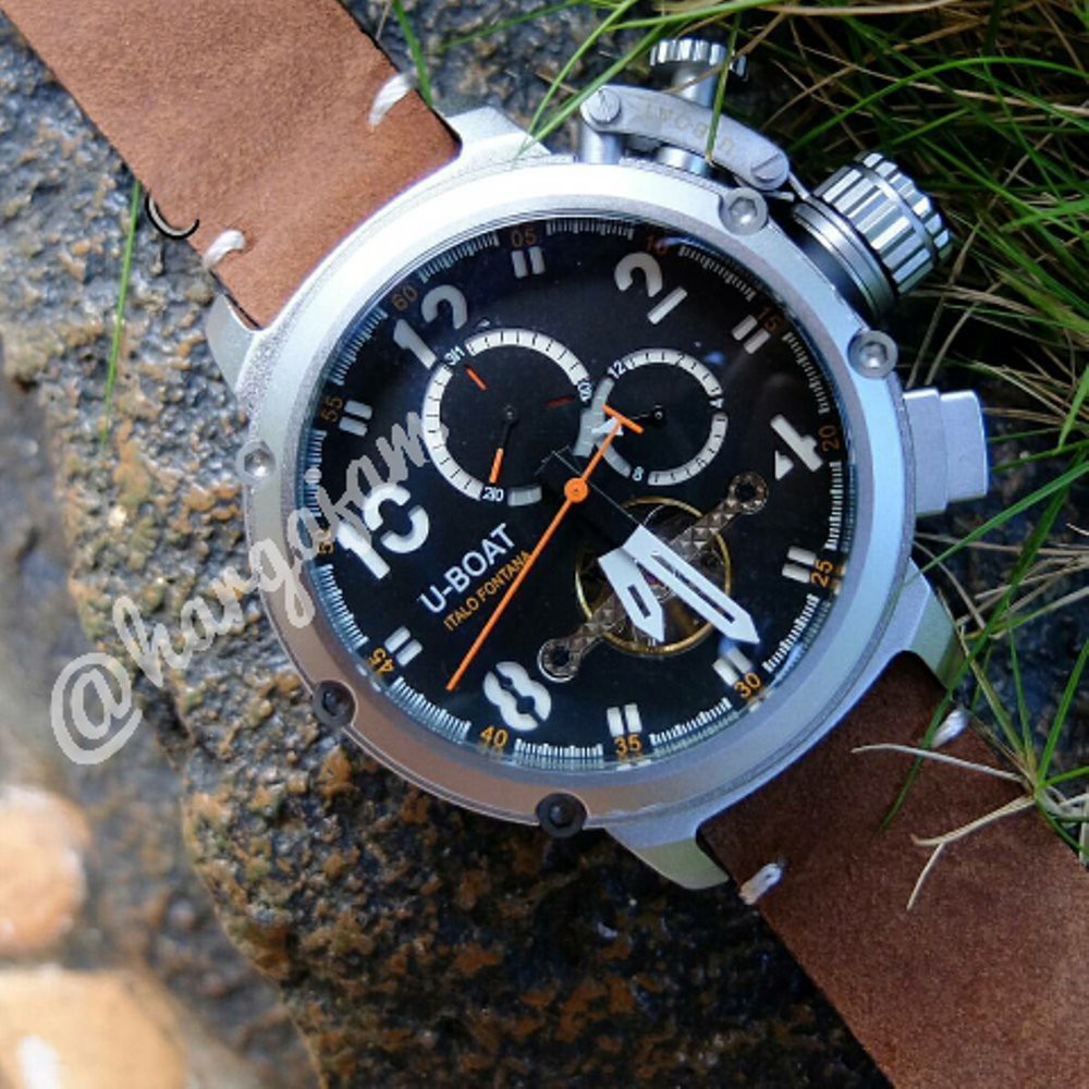 Jam Pria Automatic U-boat U2301 Super Chrono Strap Kulit Coklat | Bezel Silver (hargajam harga jam