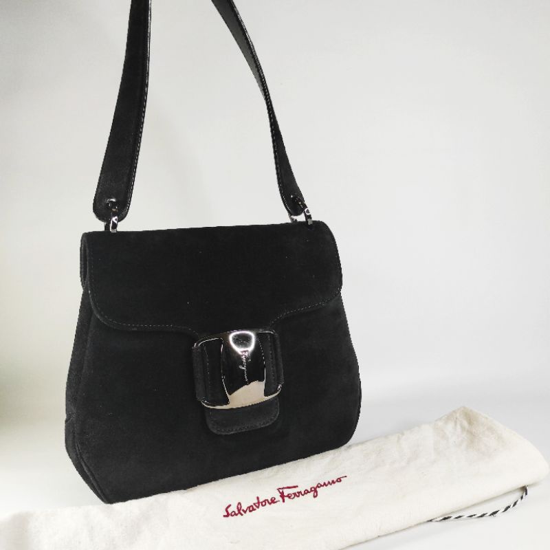 Salvatore Ferragamo Vara Leather Suede Shoulder Bag Black Preloved