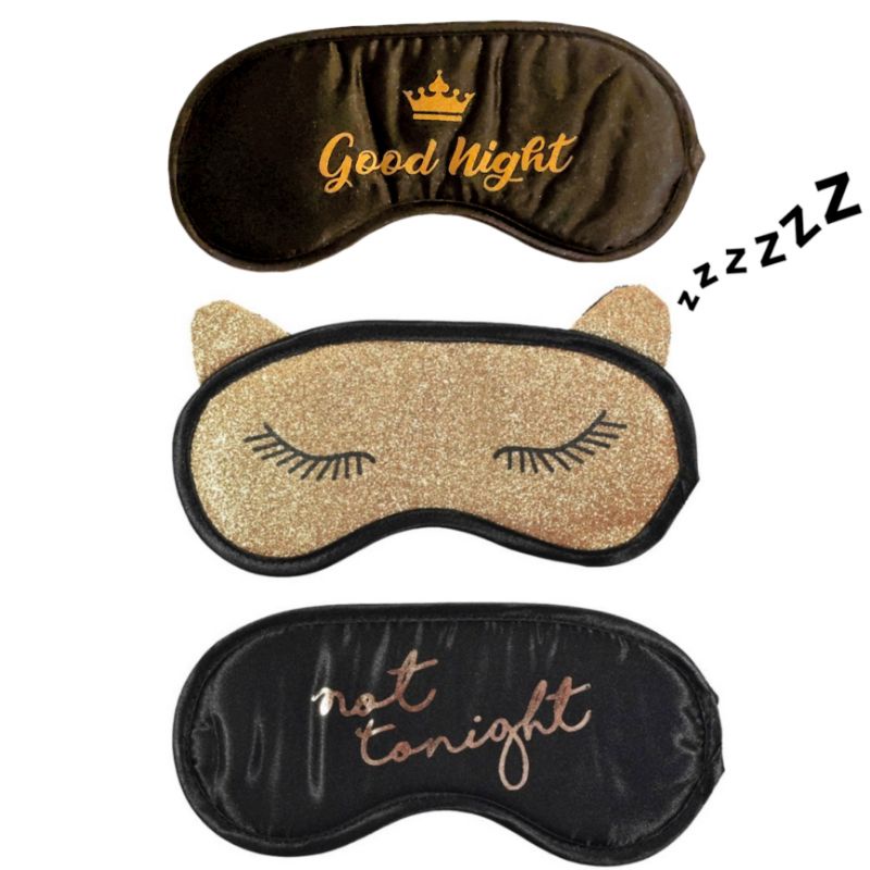 PENUTUP MATA TIDUR SLEEPING MASK EYE MASK BLACK AND GOLD CAT NOT TONIGHT GOOD NIGHT