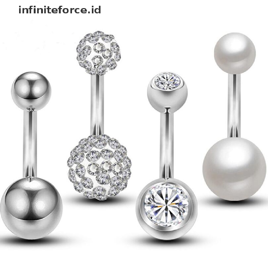 Infiniteforce.id 4pcs / Set Anting Tindik Pusar 14g Aksen Bola Kristal + Mutiara Untuk Perhiasan Wanita