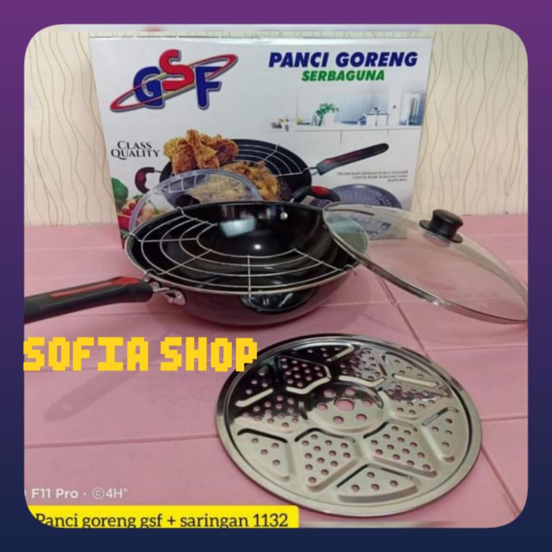 terlaris wajan serbaguna gsf 1132 + saringan + steamer + tutup kaca 32cm gagang pegangan free bubble