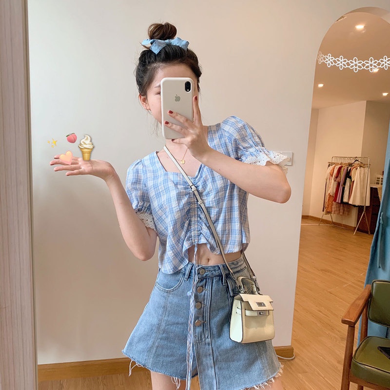 MOOGU ♡ Korea kotak-kotak lengan pendek blouse atasan wanita