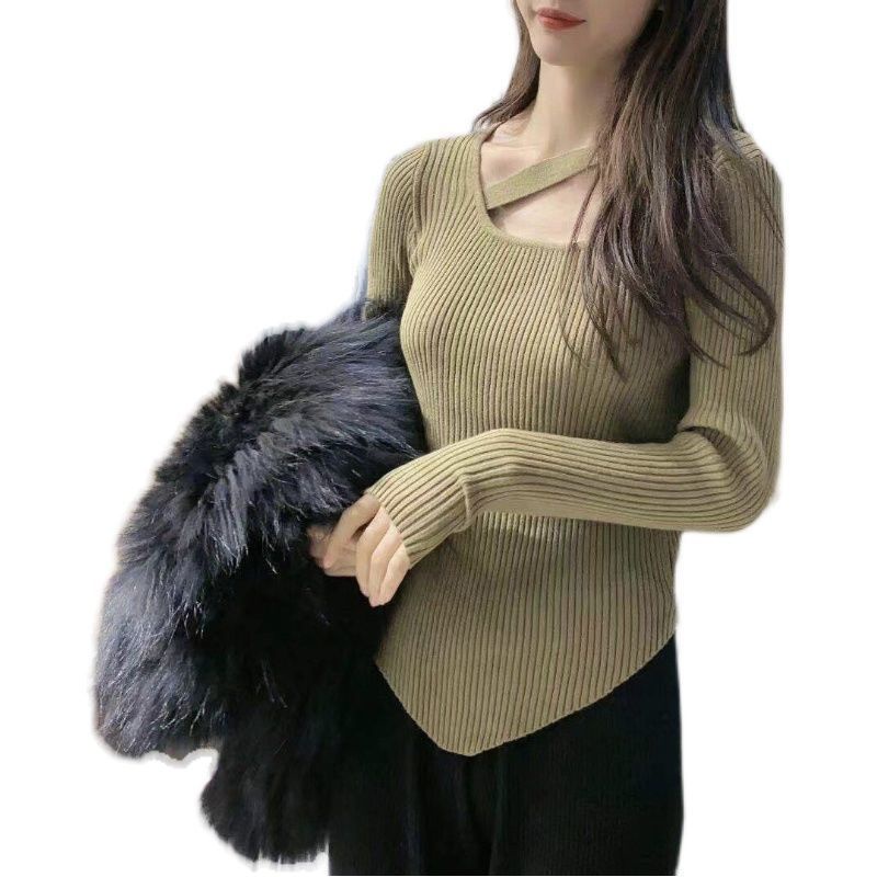 Sweater wanita besar U-neck lengan panjang rajutan keinginan murni atasan bottoming kemeja pakaian d