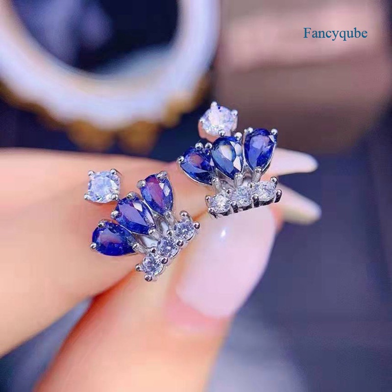 Anting Stud Desain Mahkota Tanzania Blue Sapphires Untuk Wanita