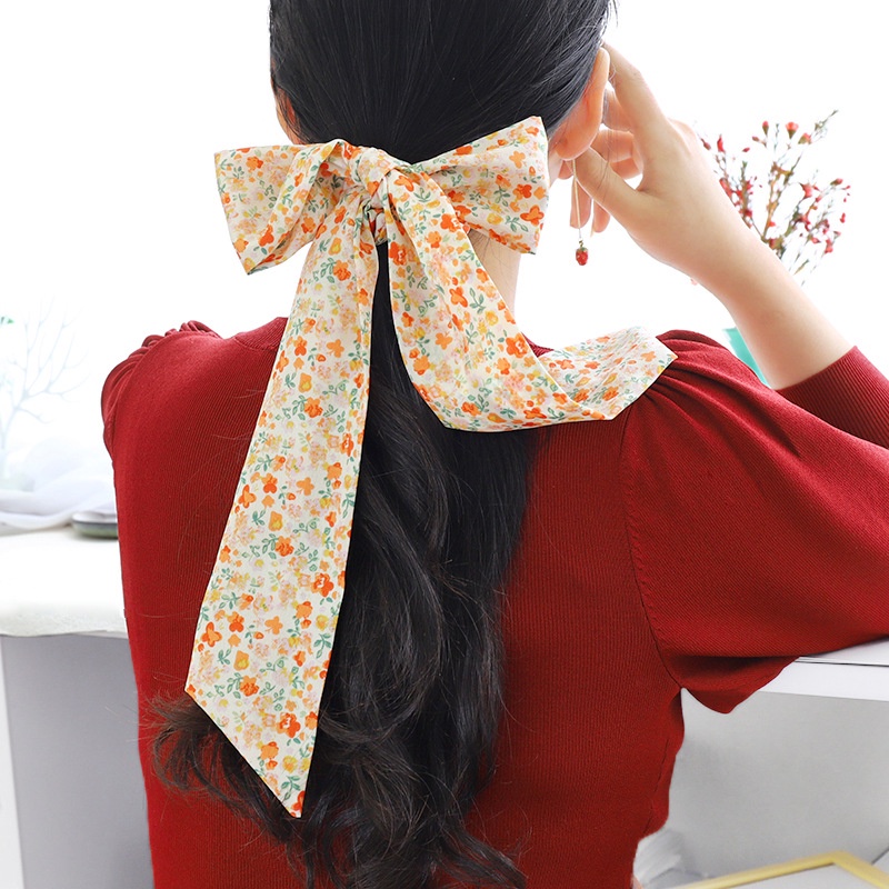 Ikat Rambut Srunchie Kain Model Pita Dengan Motif Bunga-Bunga Lucu Korean Import-2