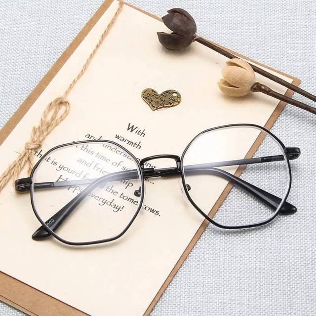 Kacamata Wanita hexagonal Lensa Bening Polos Bingkai Spectacles Kaca Mata Bulat Mirror Fashion Korea