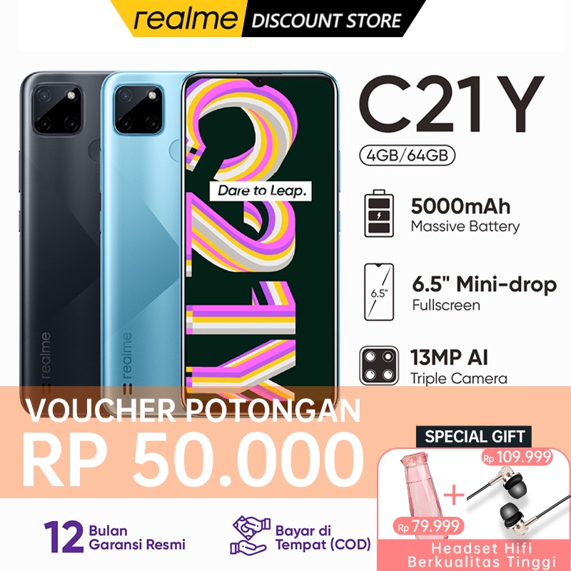 【Palsu, Ganti 10x Lipat】HP realme C21Y 4/64GB [5000mAh, 13MP AI Triple Camera, 6.5" Mini-drop Fullsc