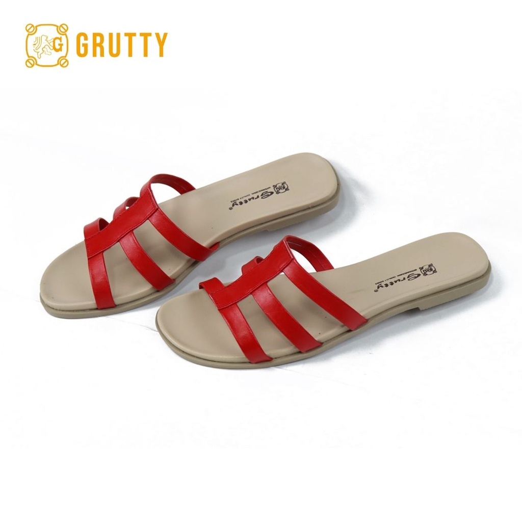 Grutty Flat Sandal Wanita Kulit asli slide sandal teplek Sandal Flat Merah Cream