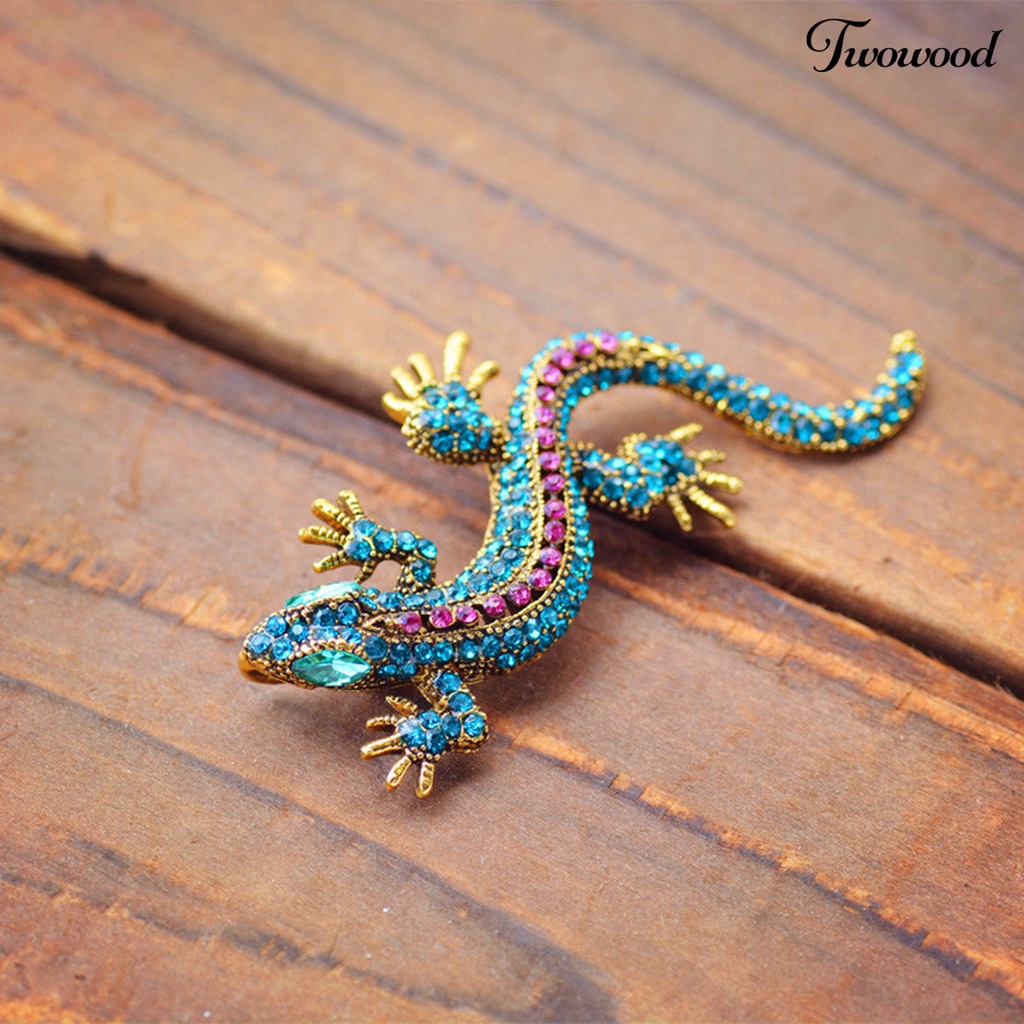 Twowood Unisex Brooch Pin Lizard Colorful Rhinestones Jewelry Vintage Long Lasting Blazer Brooch Clothes Decor