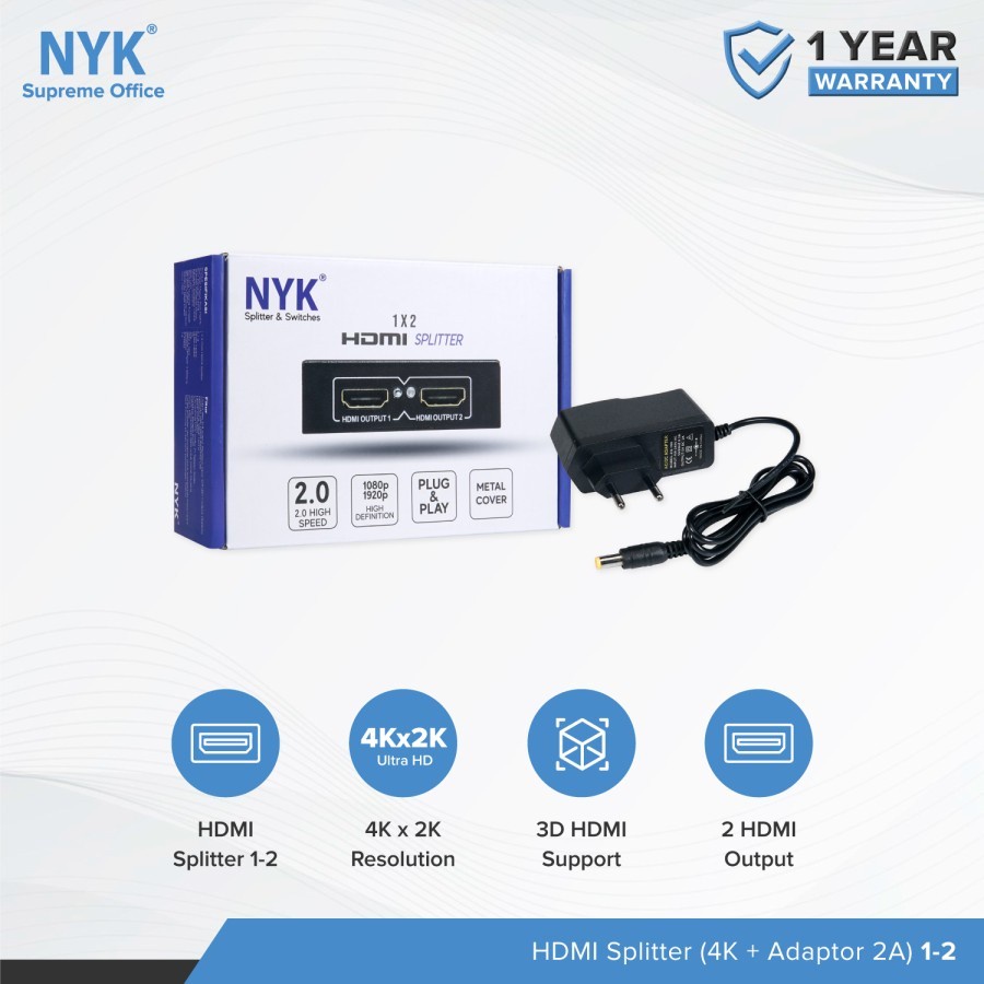 Nyk HDMI Splitter 2Port 4Kx2K UHD - Splitter hdmi 1-2