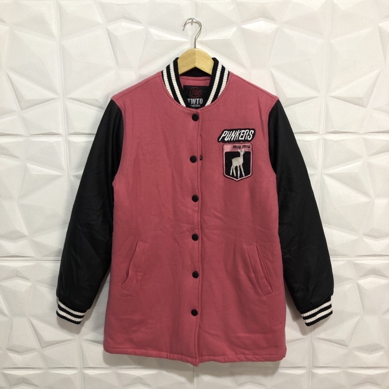 Varsity Second Varsity MiuMiu Second Varsity Jacket Leather Bomber Jaket Kulit Asli Bekas Warna Past