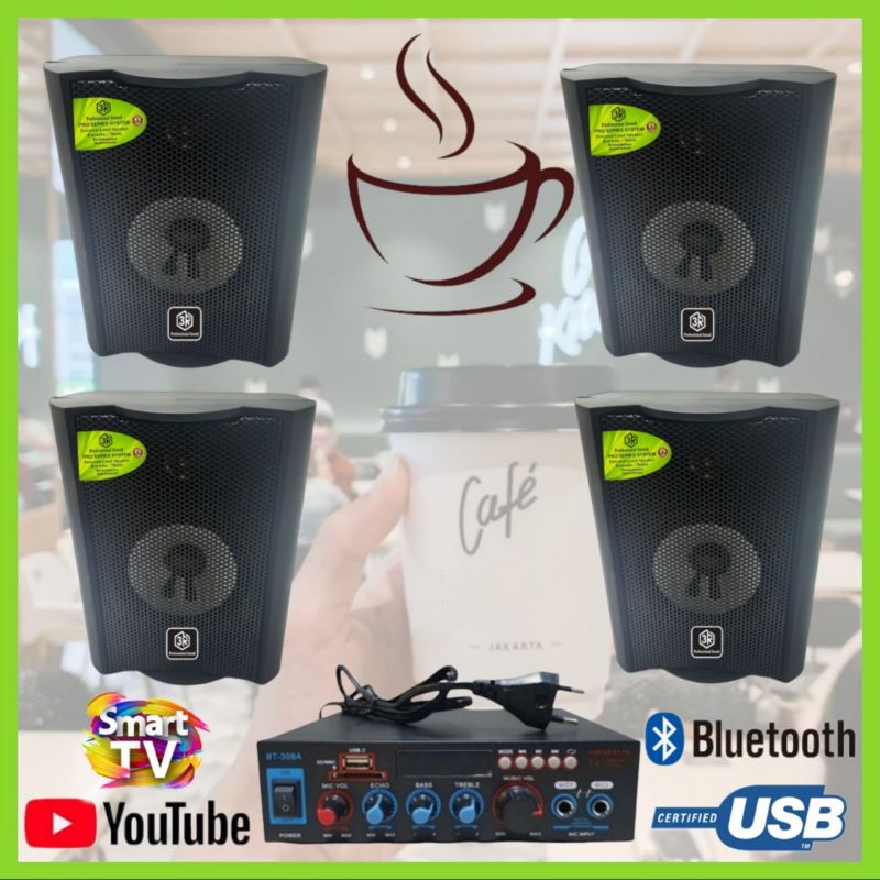 Paket Sound 3R Stereo 4 Inch 4 Titik Speaker Ampli Bluetooth Smart Tv Pakai Di Cafe, Restoran Dll..!!