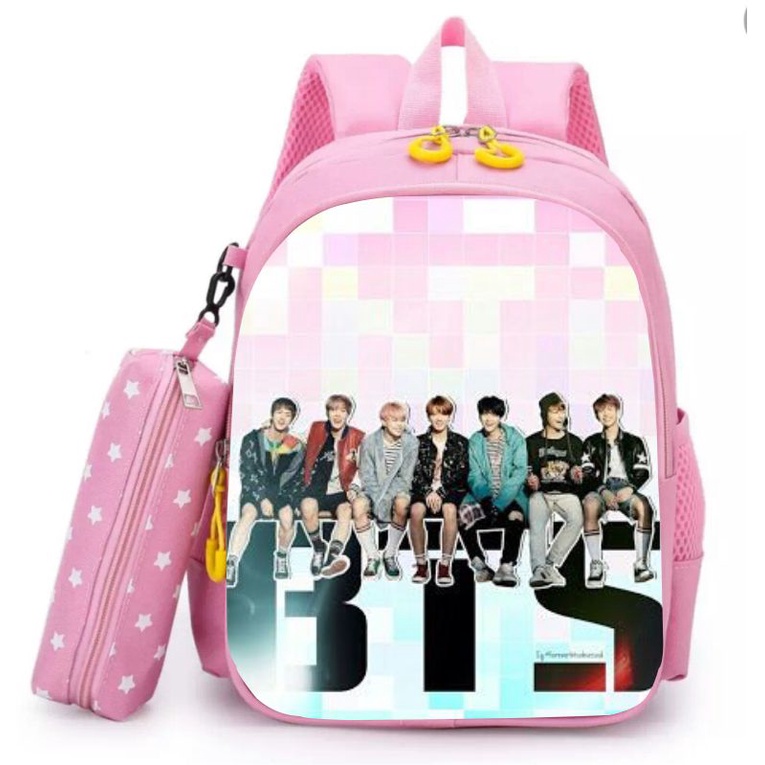 DAEYBAG_Tas Ransel Sekolah Anak Karakter KPOP BTS 2in1 / Bonus Tempat Pensil / Tas Ransel Viral KPOP untuk Anak Sekolah TK SD PAUD