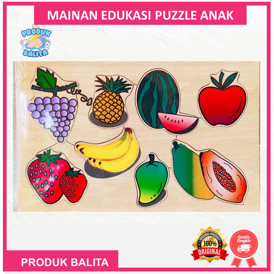 Mainan Edukasi Anak Balita Perempuan Laki Laki Puzzle Kayu Gambar Buah