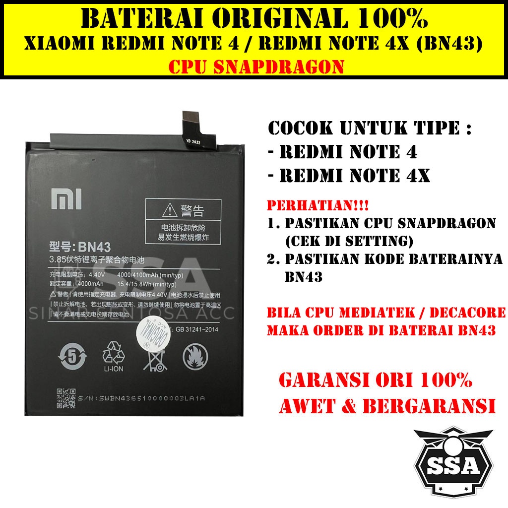 Baterai Original 100% BN43 Xiaomi Redmi Note 4 4x Batre Batrai BN43 Xiao Mi BN 43 Ori HP Garansi AWET MURAH