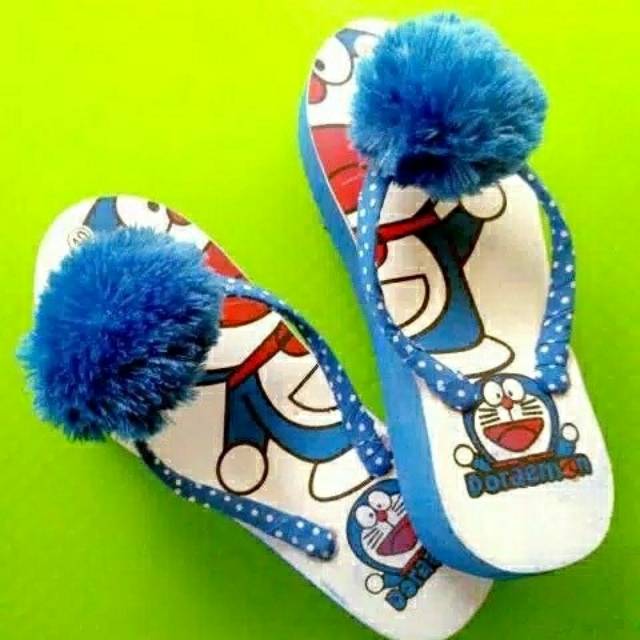 Sandal wedges pom pom doraemon karakter murah sandal jepit santai hak tinggi lucu