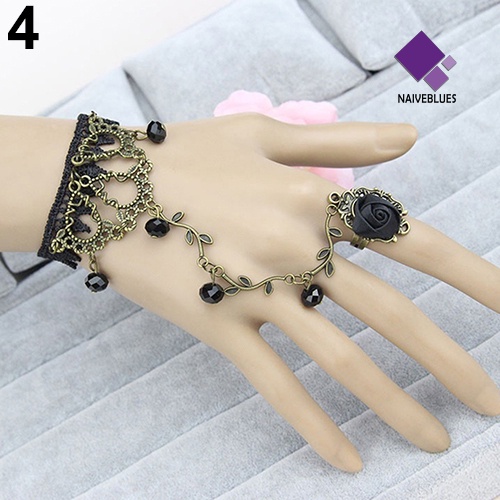 Naiveblue &gt; Gelang Tangan Sambung Cincin Gaya Retro Gothic Motif Bunga Aksen Lace + Rantai Untuk Wanita