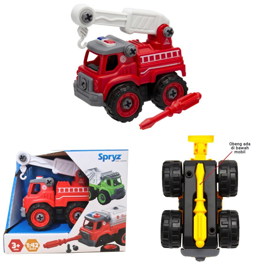 Kado Mainan Anak DIY Fire Ladder Truck / Mainan Mobil Bongkar Pasang Truk Pemadam Kebakaran Heli Pol