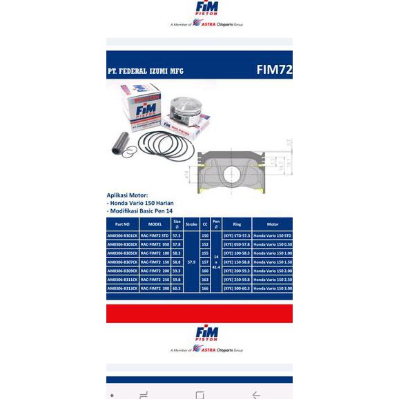 Piston Seher Kit Fim Vario 150 Fim 72