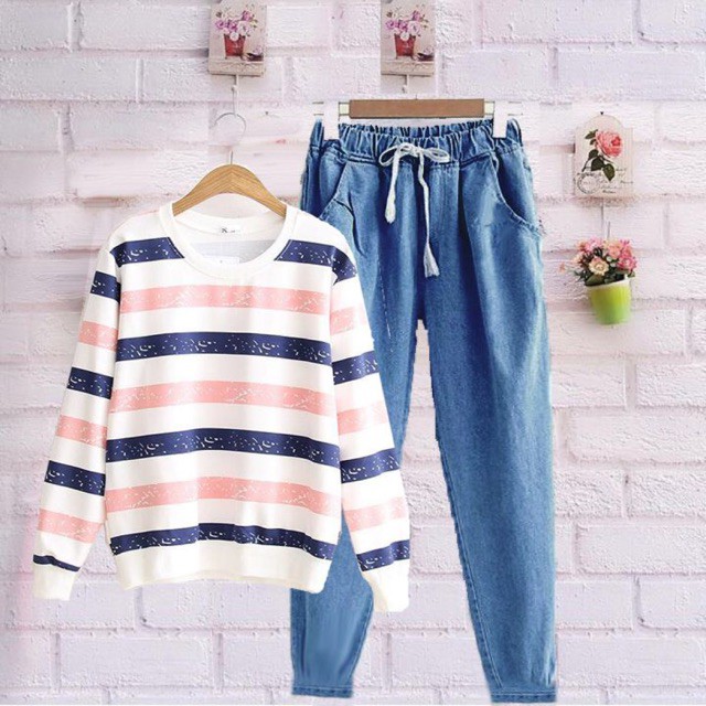 TBI Celana Jogger Pants C Stripe Set K-Pop Korean + Baju Setelan Sweater