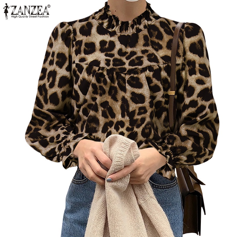 ZANZEA Womens Vintage Full Sleeve Leopard Print Loose Casual Blouse