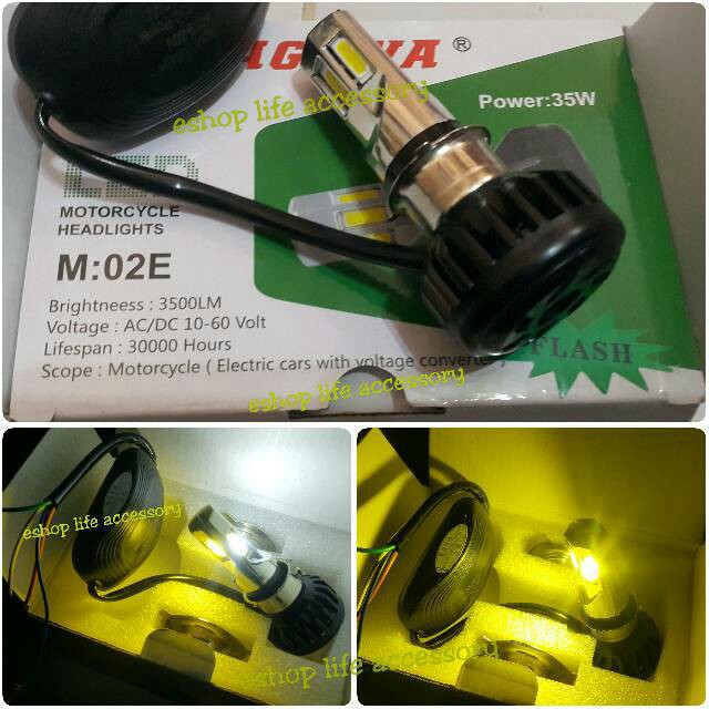 lampu utama depan motor led 6 sisi 2 warna putih kuning 35 watt Acdc