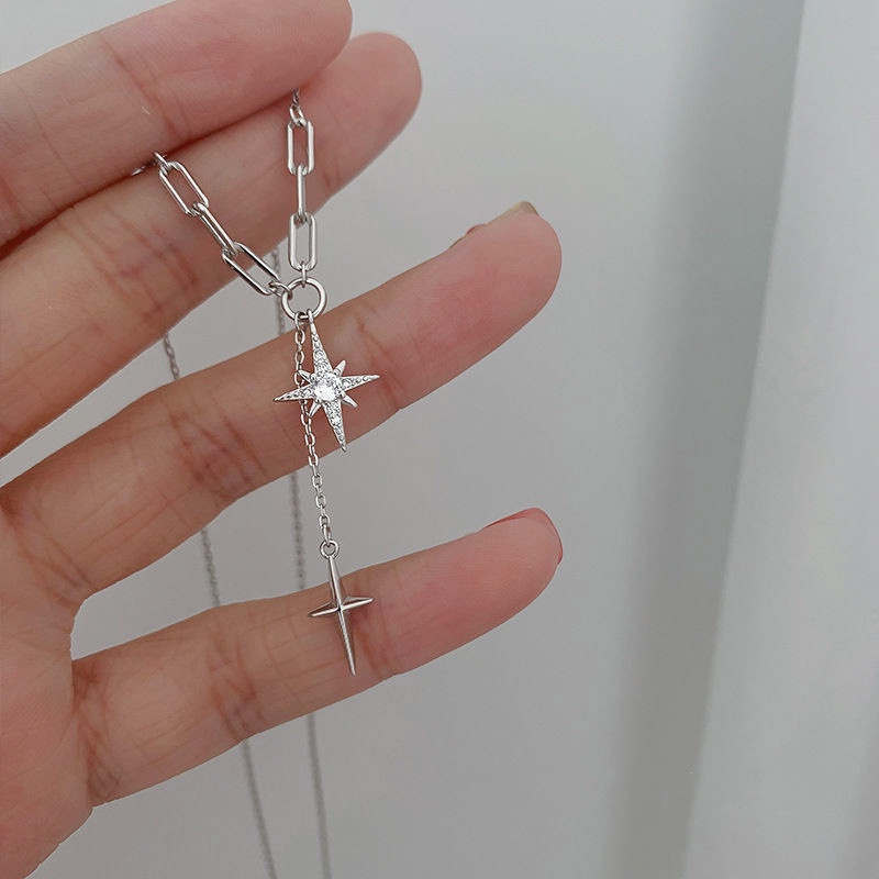 Kalung Rantai Bentuk Y Model Rumbai Cross Stitch Aksen Berlian Untuk Wanita