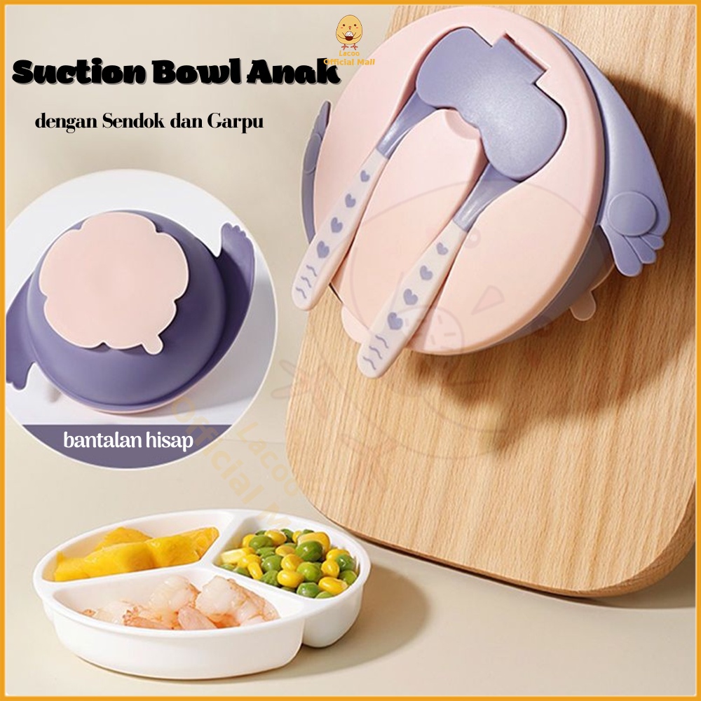 Lacoo Tempat makan bayi anak set Alat makan bayi Silikon Mangkok double layer bowl dengan sendok dan garpu