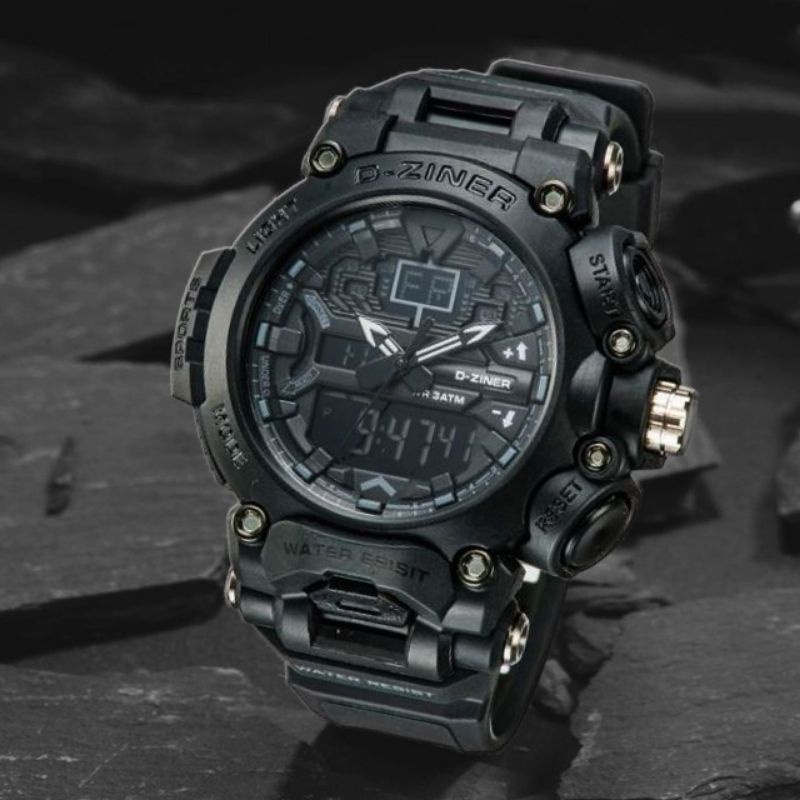 Jam tangan Sporty Original D-ZINER DZ 8298 Full black Dual time include box kaleng