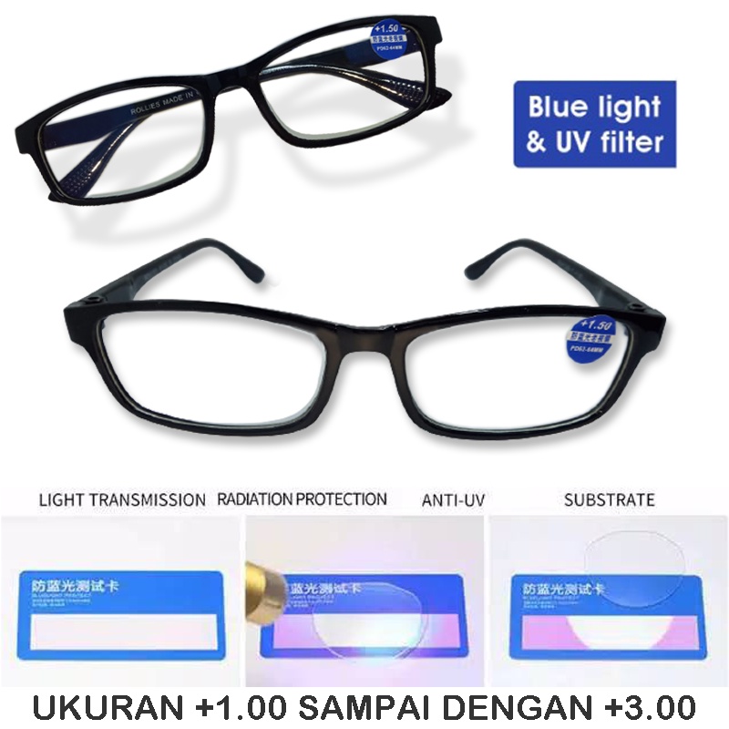 NEW SALE! Kacamata BACA PLUS (+) Kacamata anti radiasi Lensa Blueray uk +1.00 s/d +3.00 Kacamata Plus Wanita Pria Unisex Frame Kotak Hitam Kacamata Anti Sinar Biru Anti Radiasi Transparan impor Kacamata korea