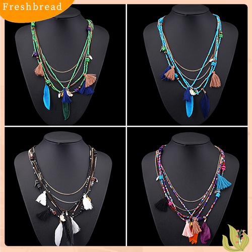 [TERLARIS]Women's Boho Ethnic Style Feathers Tassels Beads Multi-layer Chain Necklace