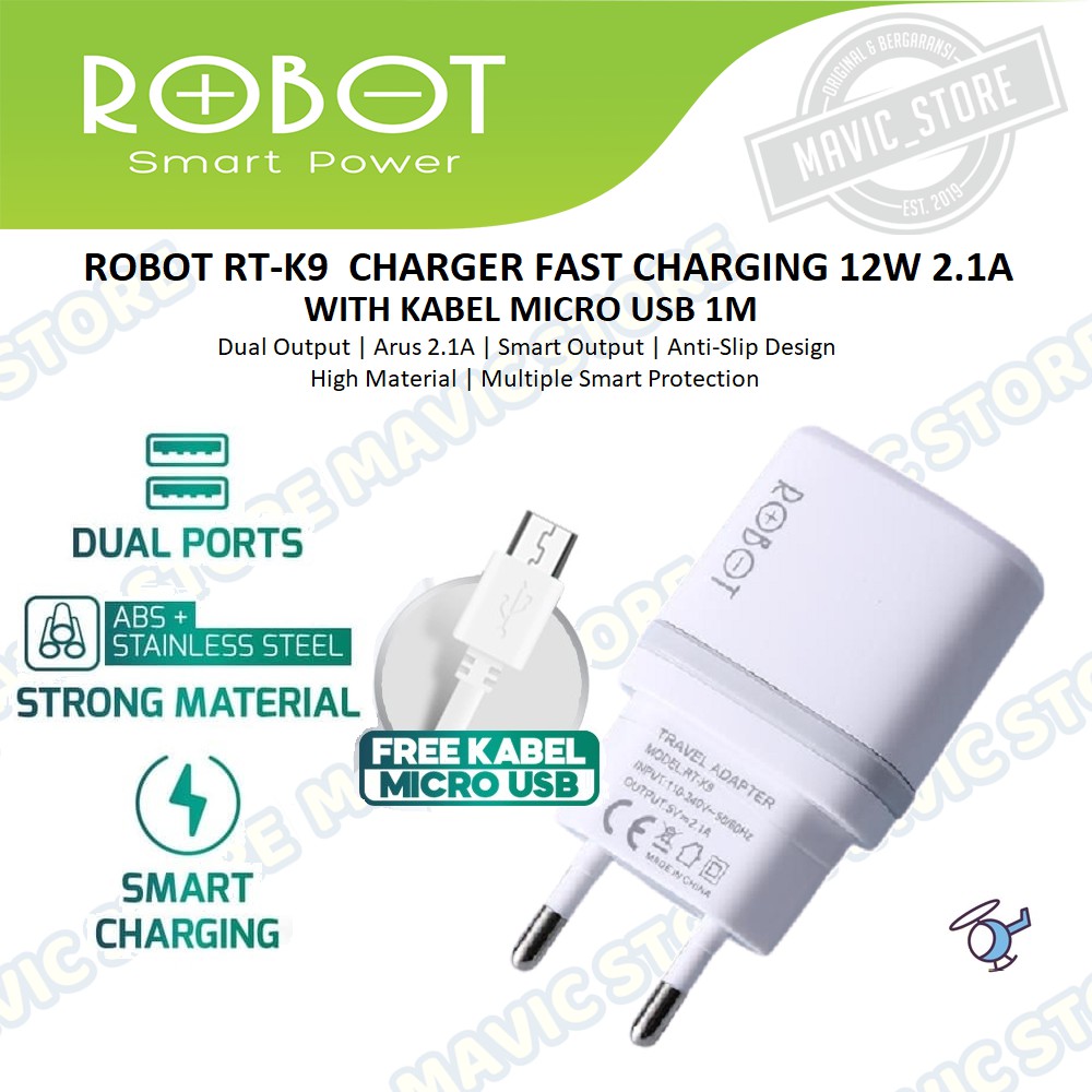 Robot RT-K9 12W Dual Port 2.1A Adaptor + Micro USB Data Cable 1M - Garansi 1 Tahun