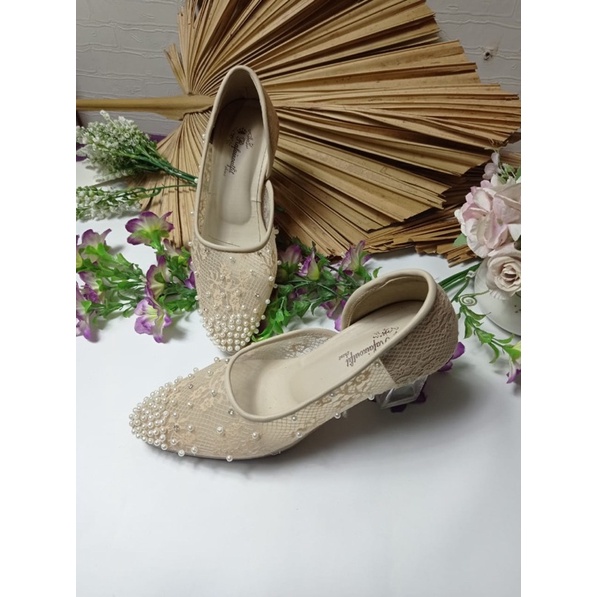 sepatu maida cream mutiara cantik 7cm kaca