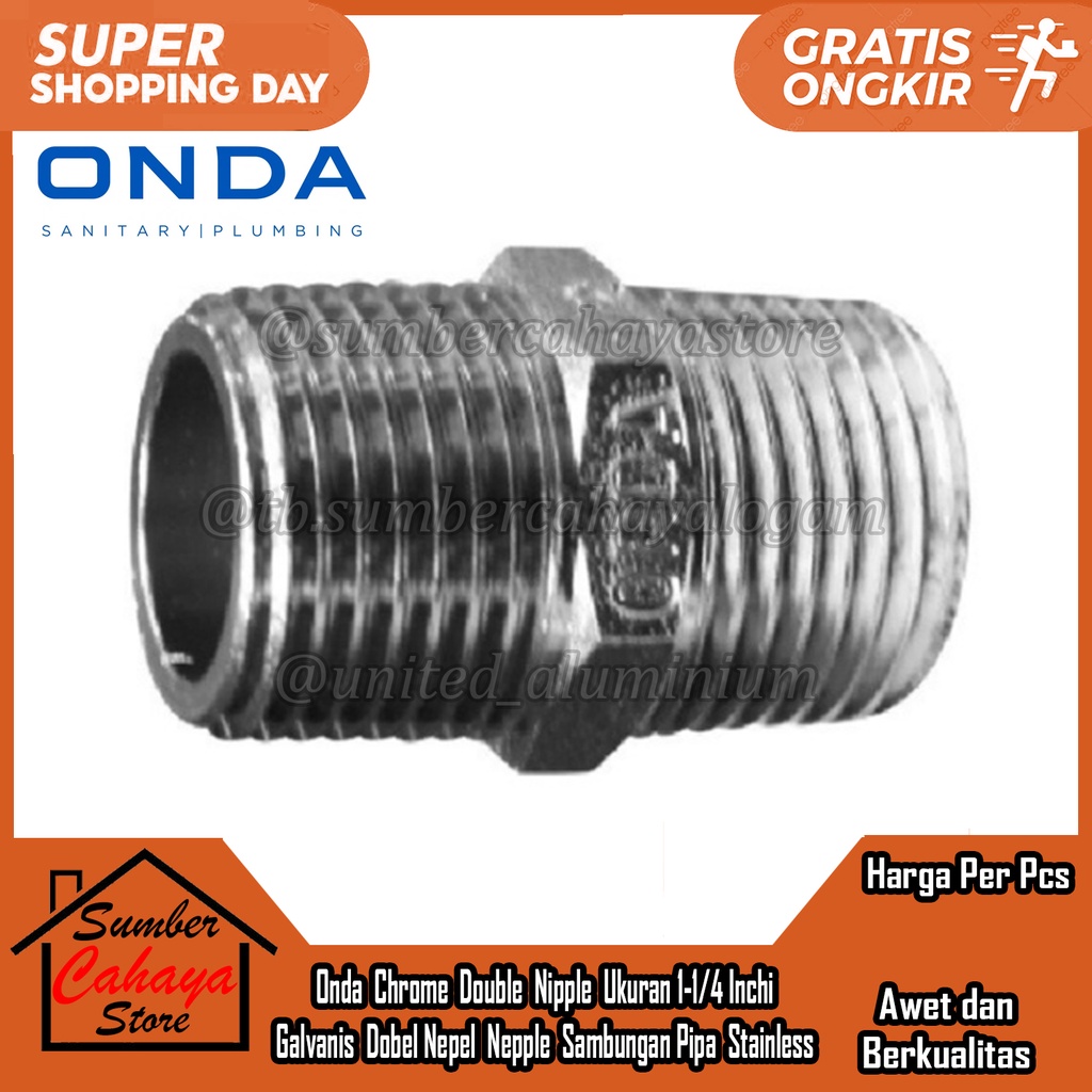 Onda Chrome Double Nipple Ukuran 1-1/4" In Inci Inch Inchi Galvanis Galvanies Galvanize Dobel Nepel 