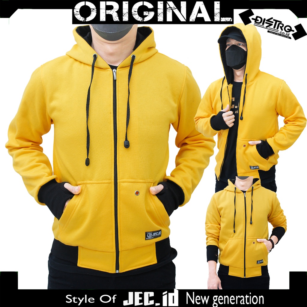 Jaket Hoodie Sweater Roundhand Polos Kuning Premium Rib Jempol Multifungsi