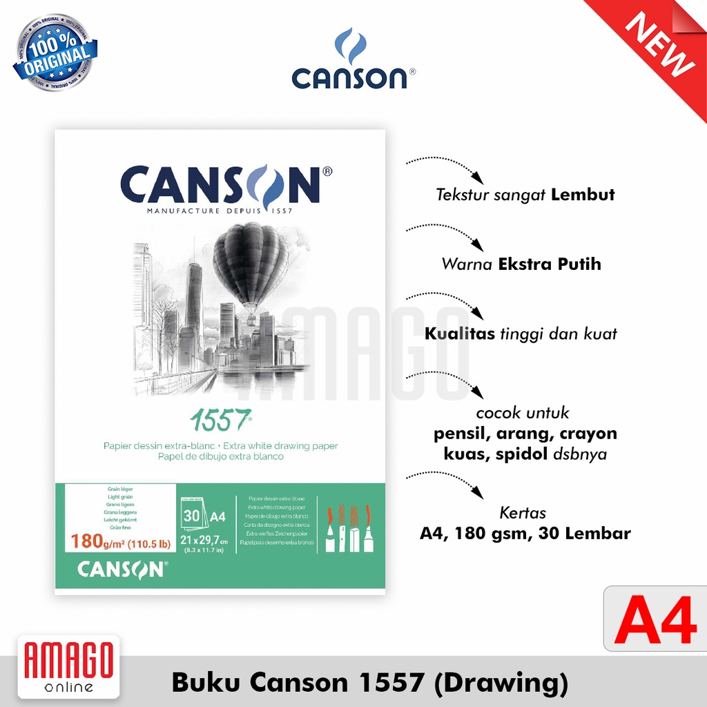 

Buku CANSON 1557- Extra White Drawing Paper - 30 Sheets - A4 (21 X 29,7 Cm) - 180G (Pad) - 204127414