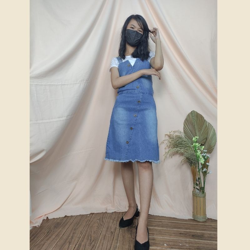 SB Collection Overall Dress Midi Andini Pendek Jeans Jumpsuit Wanita Biru Muda dan Tua