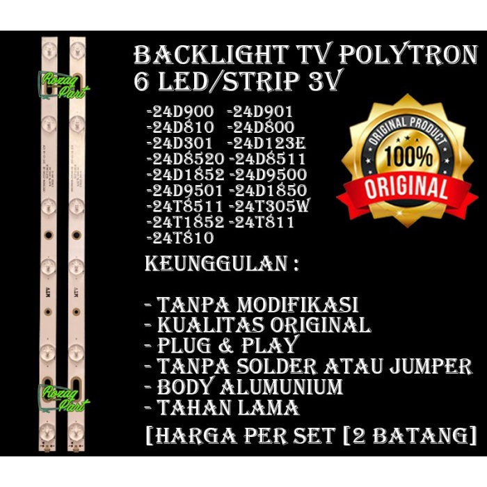 BOHLAM LED Backlight TV Polytron 24 inc inchi Type PLD 24D301 6 Led 3 Volt