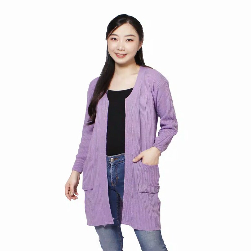 Cardygan Warna Lilac Long Premium Pocket Oversize Bahan Rajut Tebal Outer Kardi Panjang Belle Cardy-3