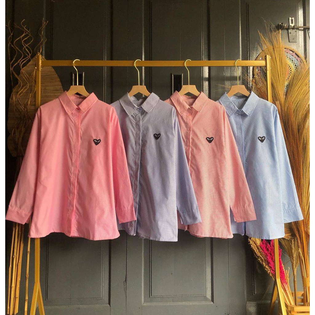 Baju kemeja salur wanita casual lengan panjang bahan katun kameja cdg kasual garis cewek ld 110