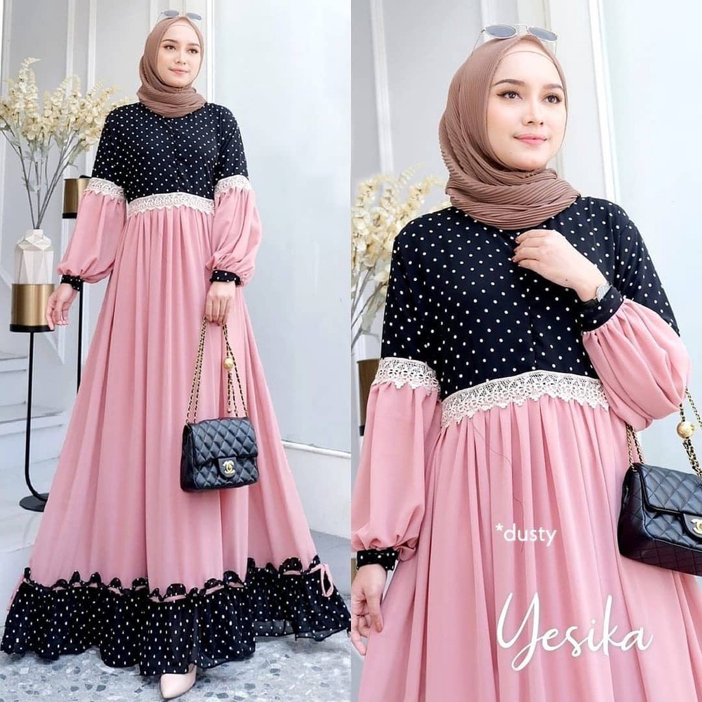 YESIKA MAXI BL Bahan MONALISA MIX CERUTY BABYDOLL FULL PURING APLIKASI RENDA RESLETING DEPAN/BUSUI FRIENDLY Pakaian Wanita Gamis Panjang Terusan Gamis Wanita Dress Mulim Terbaru
